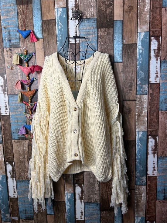 Hayden Sweaters - Hayden Cream Fringe Chunky V-Neck Cardigan